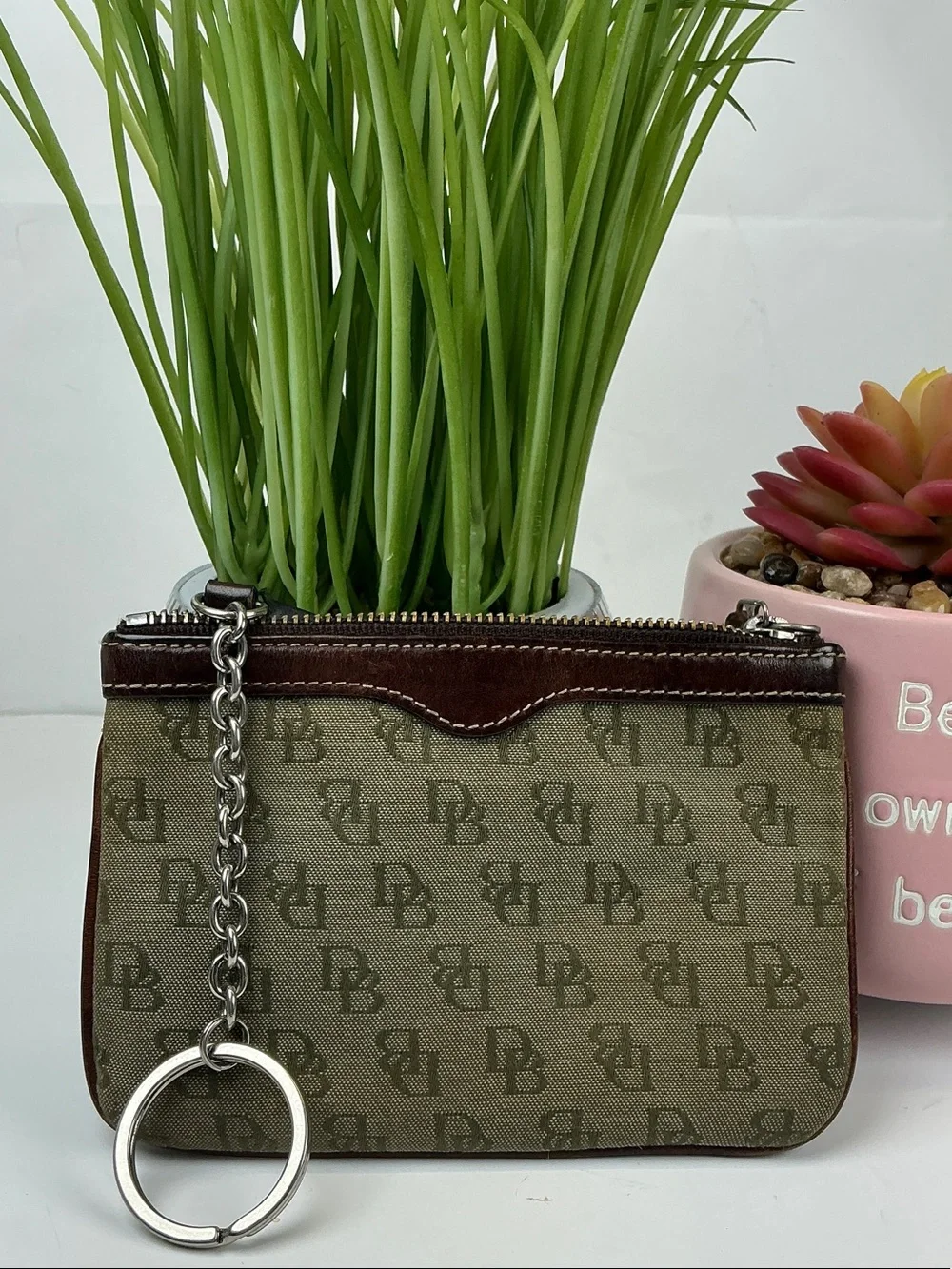 Dooney & Bourke Brown Monogram Canvas Key Pouch with Chain